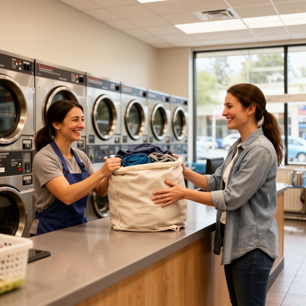 A customer dropping off a bag of laundry with a smiling attendant at Uptown Laundry in Sioux Falls