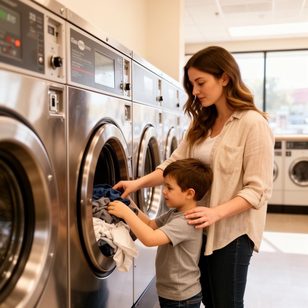 A mom and her son loading laundry into a washer at Uptown Laundry in Sioux Falls