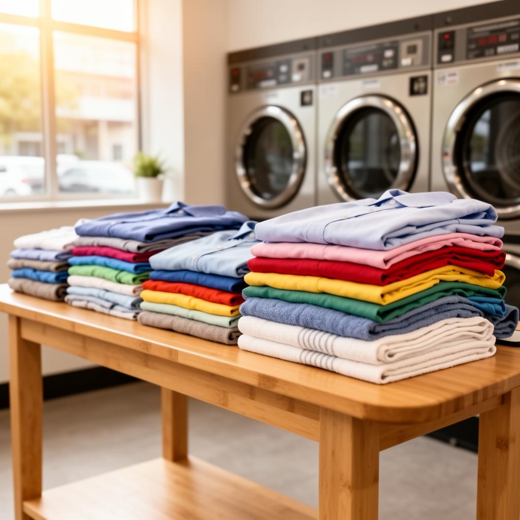 Neatly folded stacks of fresh, colorful clean laundry at Uptown Laundry