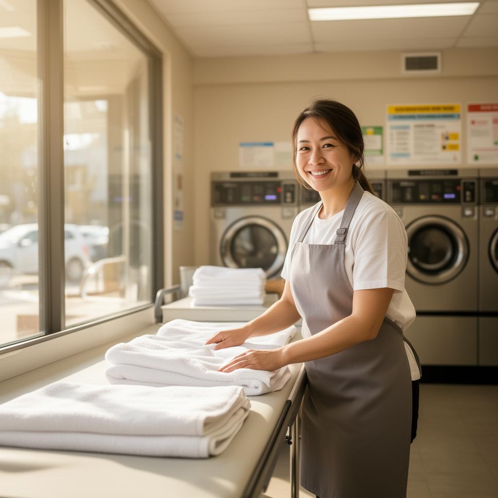 Friendly Uptown Laundry attendant folding fresh towels at the wash-dry-fold counter